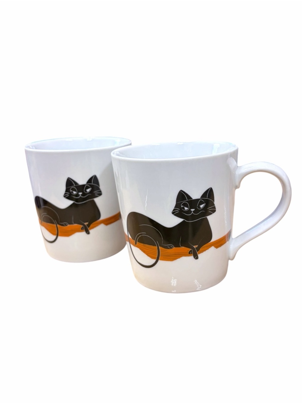 Crate&Barrel White Mugs with Black Cat and Broom - Set of 2